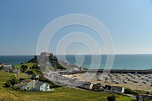 View over Gorey Castle and harbour, Jersey photo