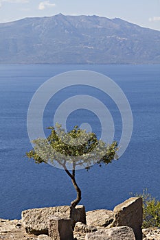 View over Greek island Lesvos from Assos, Turkey