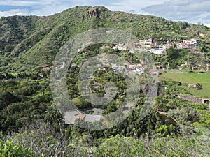 View over green hill and valley of botanical garden, Jardin Botanico Canario Viera y Clavijo, Tafira, Gran Canaria