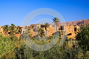 View over green plants and palm trees on isolated clay house village against blue sky