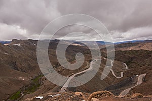 View over the highest road in Morocco, Tizi-N-Tichka, 2260 meters, with a cloudy sky