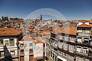 View over houses and roofs and Clerigos Tower in Porto, Portugal