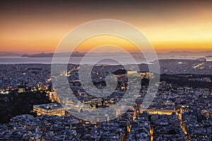 View over the illuminated skyline of Athens, Greece