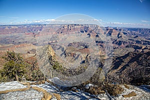 View over impressive Grand Canyon from South Rim viewpoint in winter