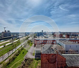 View over industrial district near port in Magdeburg, Germany