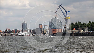 View over industrial port and cityscape of Hamburg