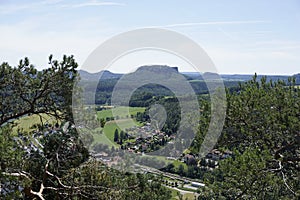 View over Kurort Rathen and different mountains in Saxon Switzerland