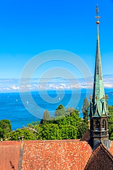View over Lake Constance (Bodensee) and the old town of Konstanz from bell tower of Konstanz Cathedra