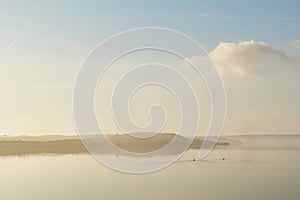 View over the lake Flyndersoe in Denmark , with mist laying over the calm water