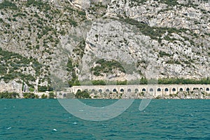 View over Lake Garda to the lakeside road, Gardesana Occidentale near Limone Sul Garda