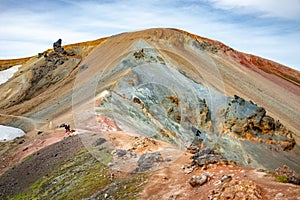 View over Landmannalaugar, Iceland, old Brennisteinsalda Mount volcano. Beautiful Icelandic landscape of colorful rainbow volcanic