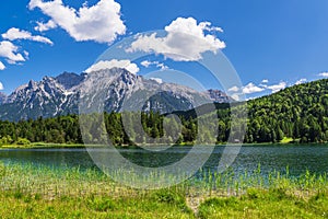 View over the Lautersee lake to the Karwendel mountains near Mittenwald, Germany