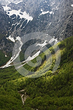 View over Logarska valley to mountain range Kamnik-Savinja Alps in Slovenia, Europe
