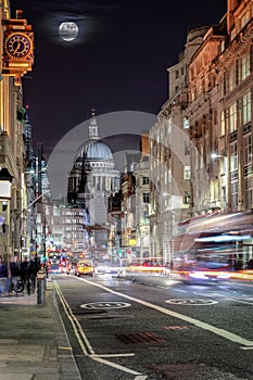 View over London`s Fleet Street to the St. Pauls Cathedrale by night