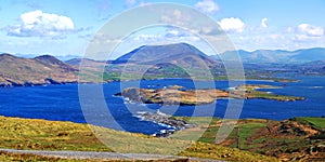 View over Lough Kay, Kerry Peninsula, from top of Geohaun Mountain on Valentia Island Ireland 