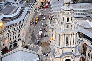 View over Ludgate Hill form the dome of St. Paul`s Cathedral in London UK.