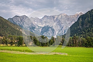 View over meadow in Zgornje Jezersko, to Kamnik-Savinja Alps