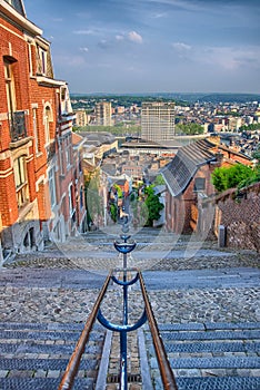 View over montagne de beuren stairway with red brick houses in Liege, Belgium, Benelux, HDR