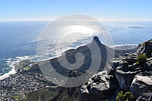 View over Cape Town with the Lions Head from the big Table Mountain in South Africa