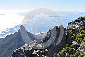 View over Cape Town with the Lions Head from the big Table Mountain in South Africa