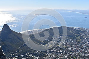 View over Cape Town with the Lions Head from the big Table Mountain in South Africa