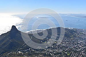 View over Cape Town with the Lions Head from the big Table Mountain in South Africa