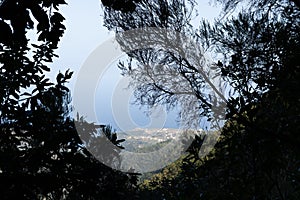 View over mountains, city and Atlantic ocean in background framed by foliage