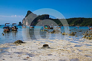 View over mud flat on longtail boats in shallow water during low tide in Loh Dalum Bay, Ko Phi Phi, Thailand