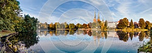 View over the Muehlenteich pond to the Cathedral of LÃ¼beck at the Baltic Sea, Schleswig-Holstein