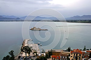 View over Nafplio in Greece showing the harbor and Bourtzi Castle