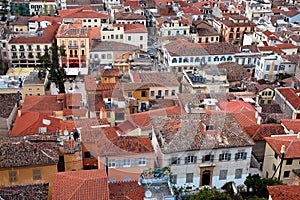 View over Nafplio in Greece showing the rooftops of the town