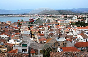 View over Nafplio in Greece showing the rooftops of the town and harbor