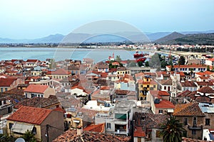 View over Nafplio in Greece showing the rooftops of the town and harbor