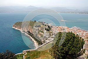 View over Nafplio in Greece showing the town, hand Bourtzi Castle