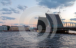 View of over Neva River and Palace bridge at White Nights. White nights in the city of St. Petersburg. Russia