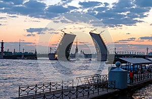 View of over Neva River and Palace bridge at White Nights. White nights in the city of St. Petersburg. Russia