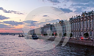 View of over Neva River and Winter palace at White Nights. White nights in the city of St. Petersburg. Russia