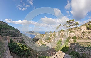 View over the old terraces and ruins of la Trapa monastery nearby Sant Elm on hiking route GR 221, Serra de Tramuntana, Mallorca,