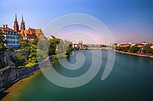 Old Town of Basel, Munster cathedral and the Rhine river in Switzerland