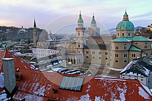 View over old town in Salzburg in the evening