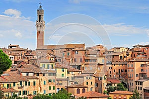 View over the old town towards the Torre del Mangia on the Palazzo Publico, Siena, Tuscany, Italy