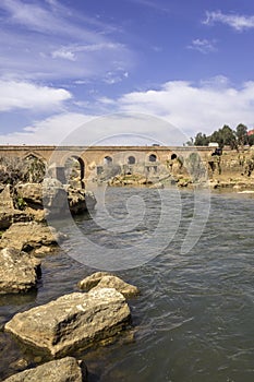View over Oum Errabia river bridge to Kasba Tadla