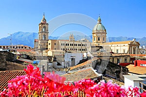 View over Palermo, Sicily with vibrant flowers