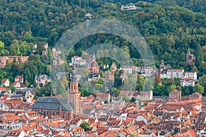 View over the red roofs of the old town of Heidelberg on the hill and the funicular railway