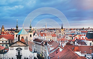 The view over the red roofs of Stare Mesto district in Prague, C