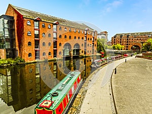 A view over the restored Victorian canal system in Castlefield, Manchester, UK