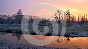 View over the river Alte Elbe in Magdeburg at sunrise