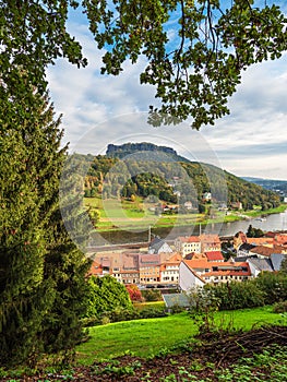 View over the river Elbe to the Saxon Sandstone Mountains, Germany