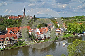 View over river Saale and parts of Halle, Saxony. Germany