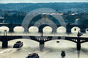 View over the river Vltava  and The famous Bridges of Prag